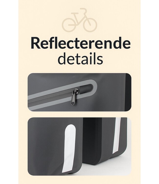 Rieba® Dubbele Fietstas 46 Liter Rolltop - Zwart - Hoogwaardig Materiaal - 100% Waterdicht - Moderne Uitstraling - Universele Bevestiging - Reflectie - Extra Voorvak - Fietstassen Stadsfiets en Elektrische Fiets