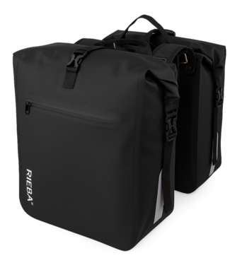 Rieba® Rieba® Dubbele Fietstas 46 Liter Rolltop - Zwart - Hoogwaardig Materiaal - 100% Waterdicht - Moderne Uitstraling - Universele Bevestiging - Reflectie - Extra Voorvak - Fietstassen Stadsfiets en Elektrische Fiets