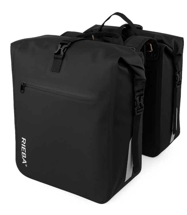 Rieba® Dubbele Fietstas 46 Liter Rolltop - Zwart - Hoogwaardig Materiaal - 100% Waterdicht - Moderne Uitstraling - Universele Bevestiging - Reflectie - Extra Voorvak - Fietstassen Stadsfiets en Elektrische Fiets