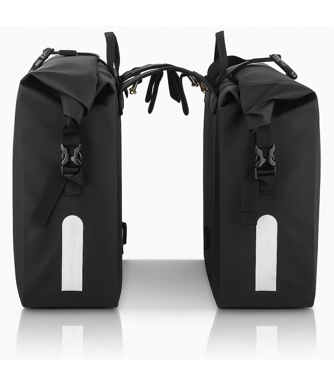Rieba® Dubbele Fietstas 46 Liter Rolltop - Zwart - Hoogwaardig Materiaal - 100% Waterdicht - Moderne Uitstraling - Universele Bevestiging - Reflectie - Extra Voorvak - Fietstassen Stadsfiets en Elektrische Fiets