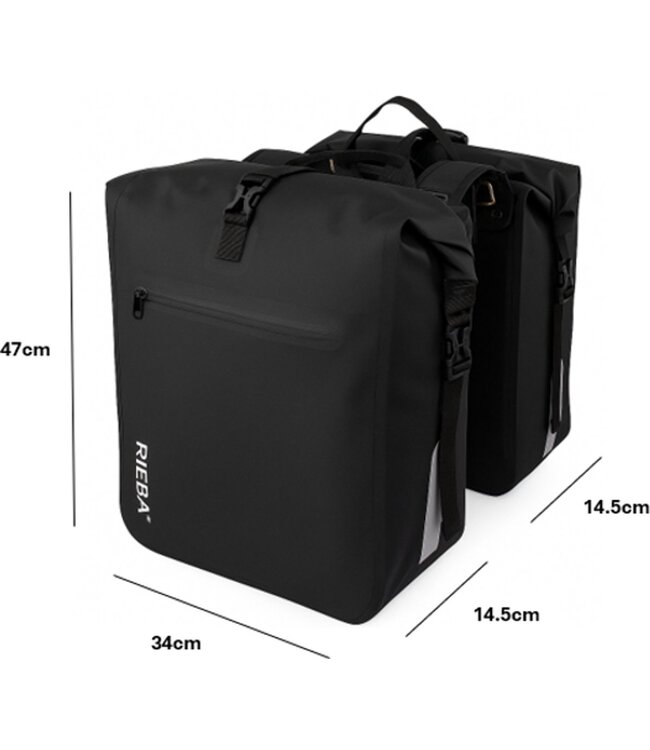 Rieba® Dubbele Fietstas 46 Liter Rolltop - Zwart - Hoogwaardig Materiaal - 100% Waterdicht - Moderne Uitstraling - Universele Bevestiging - Reflectie - Extra Voorvak - Fietstassen Stadsfiets en Elektrische Fiets