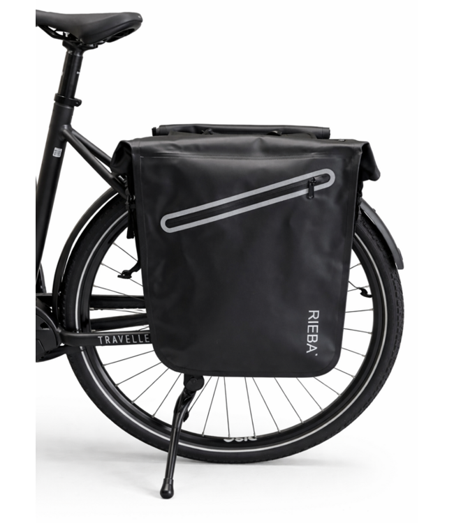 Rieba® Dubbele Fietstas 46 Liter Rolltop - Zwart - Hoogwaardig Materiaal - 100% Waterdicht - Moderne Uitstraling - Universele Bevestiging - Reflectie - Extra Voorvak - Fietstassen Stadsfiets en Elektrische Fiets