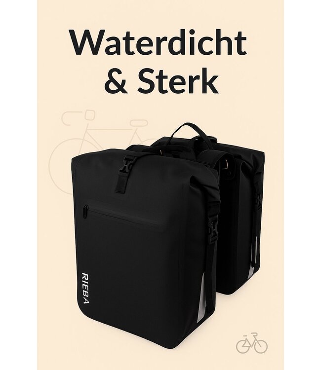 Rieba® Dubbele Fietstas 46 Liter Rolltop - Olijfgroen - Hoogwaardig Materiaal - 100% Waterdicht - Moderne Uitstraling - Universele Bevestiging - Reflectie - Extra Voorvak - Fietstassen Stadsfiets en Elektrische Fiets