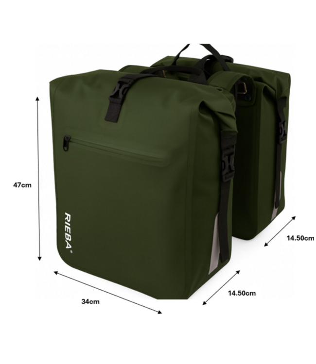 Rieba® Dubbele Fietstas 46 Liter Rolltop - Olijfgroen - Hoogwaardig Materiaal - 100% Waterdicht - Moderne Uitstraling - Universele Bevestiging - Reflectie - Extra Voorvak - Fietstassen Stadsfiets en Elektrische Fiets