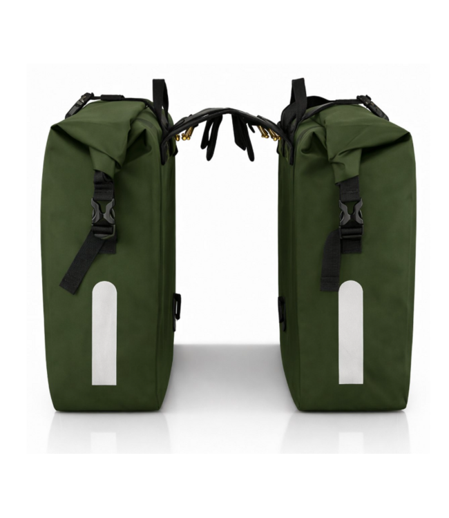 Rieba® Dubbele Fietstas 46 Liter Rolltop - Olijfgroen - Hoogwaardig Materiaal - 100% Waterdicht - Moderne Uitstraling - Universele Bevestiging - Reflectie - Extra Voorvak - Fietstassen Stadsfiets en Elektrische Fiets