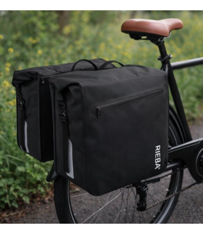Rieba® Dubbele Fietstas 46 Liter Rolltop - Olijfgroen - Hoogwaardig Materiaal - 100% Waterdicht - Moderne Uitstraling - Universele Bevestiging - Reflectie - Extra Voorvak - Fietstassen Stadsfiets en Elektrische Fiets