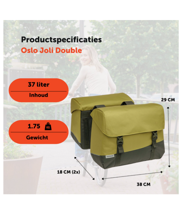 New Looxs ® Oslo Joli Double - Dubbele Fietstas - Geschikt voor elke Bagagedrager - Ook voor Electrische Fietsen - 100% Gerecycled Polyester - Stevig, Ruim en Vormvast - 37L - Olive-Yellow