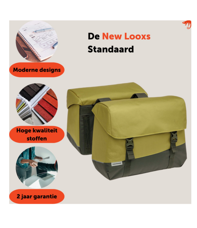 New Looxs ® Oslo Joli Double - Dubbele Fietstas - Geschikt voor elke Bagagedrager - Ook voor Electrische Fietsen - 100% Gerecycled Polyester - Stevig, Ruim en Vormvast - 37L - Olive-Yellow