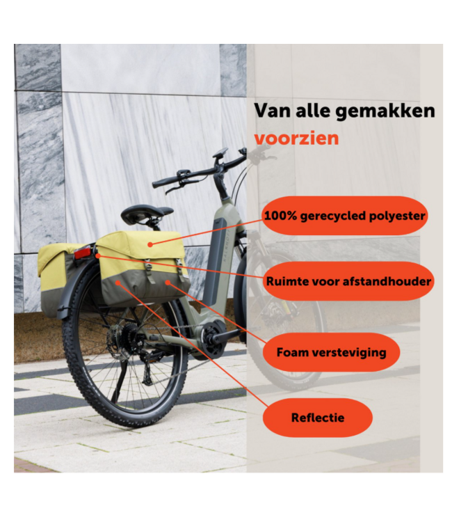 New Looxs ® Oslo Joli Double - Dubbele Fietstas - Geschikt voor elke Bagagedrager - Ook voor Electrische Fietsen - 100% Gerecycled Polyester - Stevig, Ruim en Vormvast - 37L - Olive-Yellow