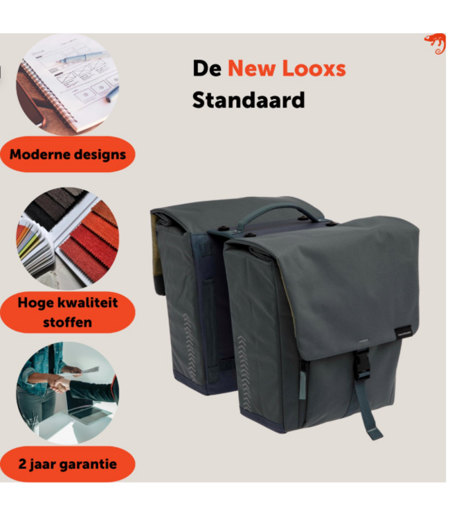 New Looxs ® Tulum Double MIK - Dubbele Fietstas - 100% Gerecycled Polyester - Geschikt voor Elektrische Fietsen - Voor MIK-Bagagedrager - Afneembare Fietstas - 32 Liter - Grey-Green