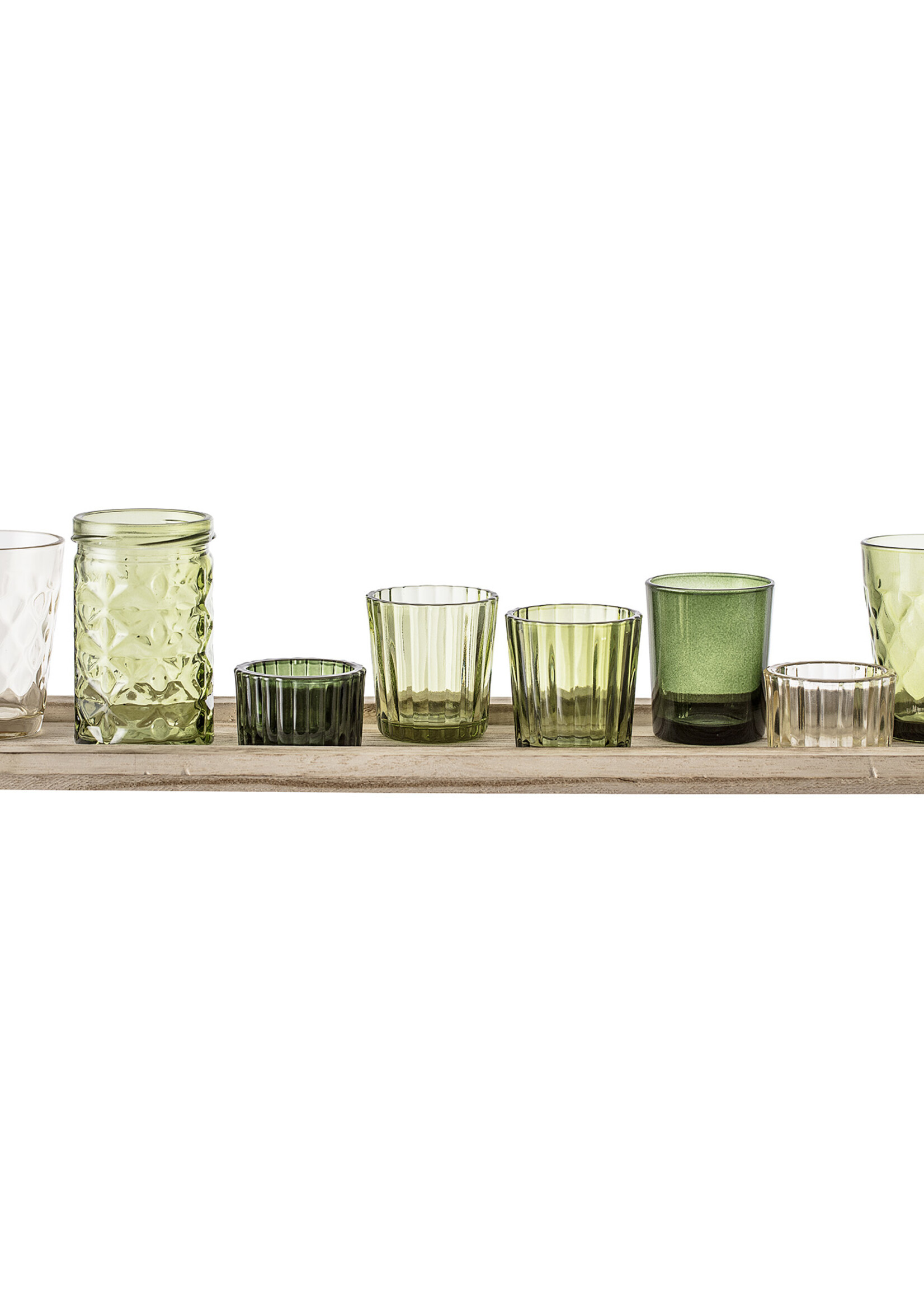 Bloomingville Bloomingville - Waxinelichtjes - Glas/Hout - Groen - set van 9 - L50xH11xB14 cm