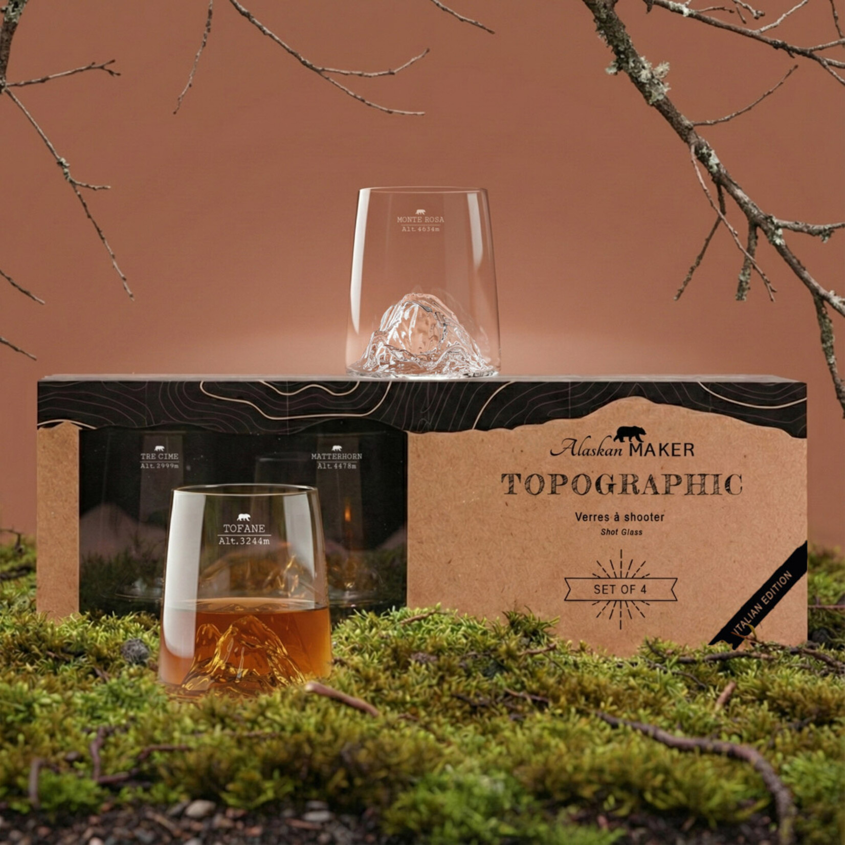 Alaskan Maker Alaskan Maker - Set van 4 Shotglazen - Mont Blanc - Mont Everest - Matterhorn - Pic du Midi - Copy