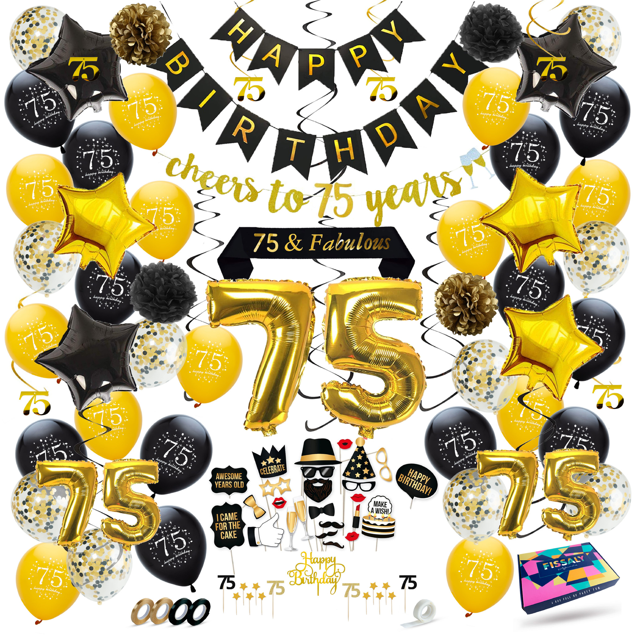 Mexico Boos worden Groenten Fissaly® 75 Jaar Verjaardag Decoratie Versiering - Ballonnen – Helium,  Latex & Papieren Confetti Ballonnen- Zwart en Goud - Fissaly