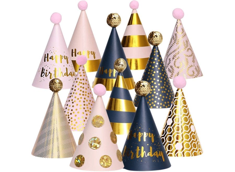 12 Stuks Happy Birthday Feesthoedjes - Papier – Goud, Roze & Zilver