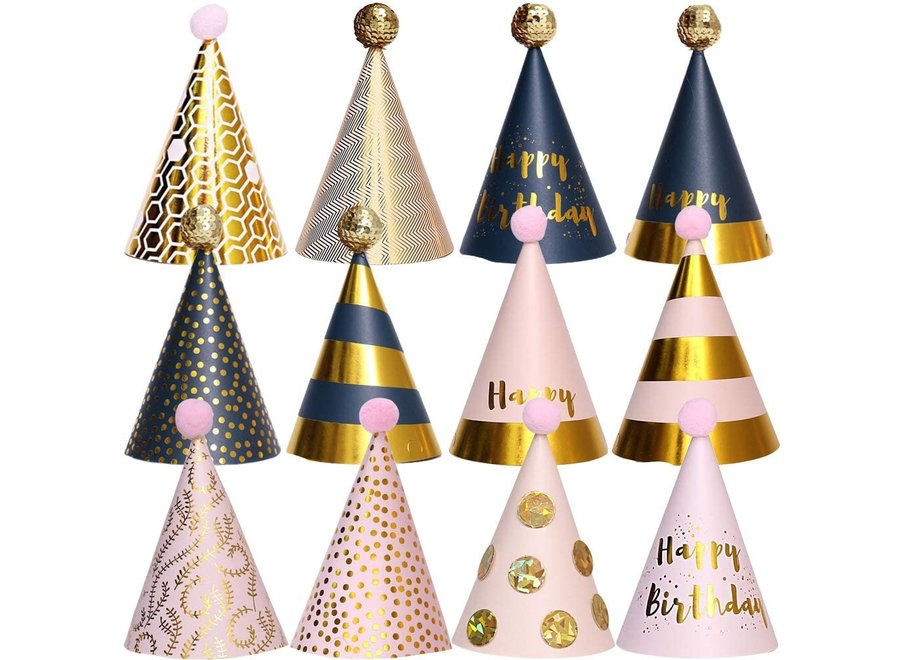 12 Stuks Happy Birthday Feesthoedjes - Papier – Goud, Roze & Zilver