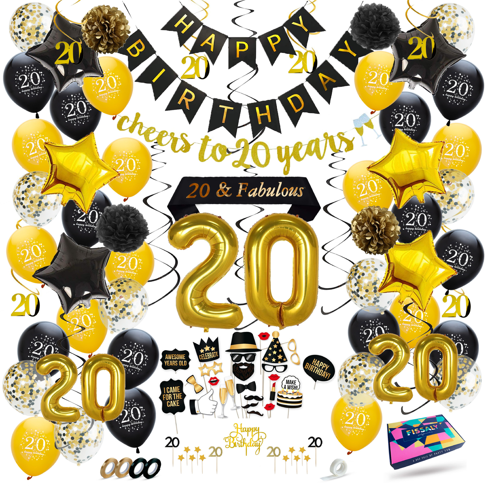 onderdak Verlenen opleggen Fissaly® 20 Jaar Verjaardag Decoratie Versiering - Ballonnen – Jubileum Man  & Vrouw - Zwart en Goud - Fissaly