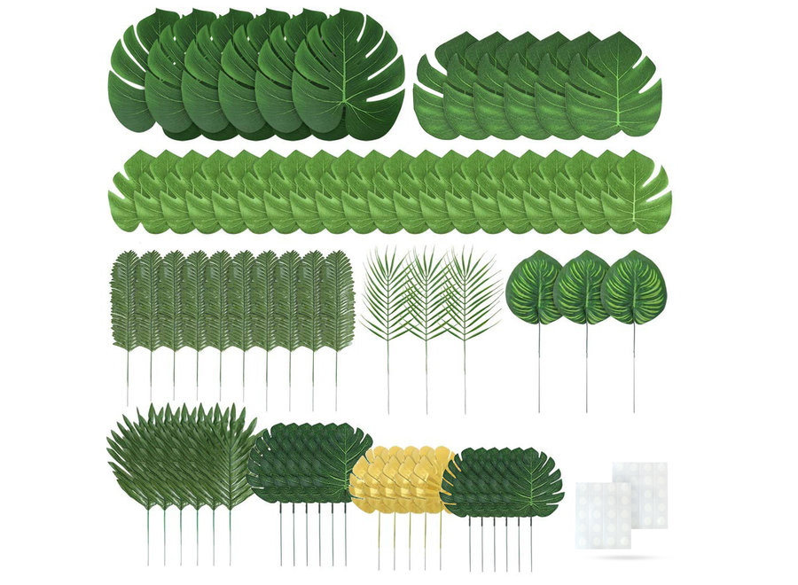 Fissaly® 70 Stuks Tropische Bladeren Decoratie met Lint – Kunst Blad – Verjaardag Jungle Versiering – Palm – Groen & Goud
