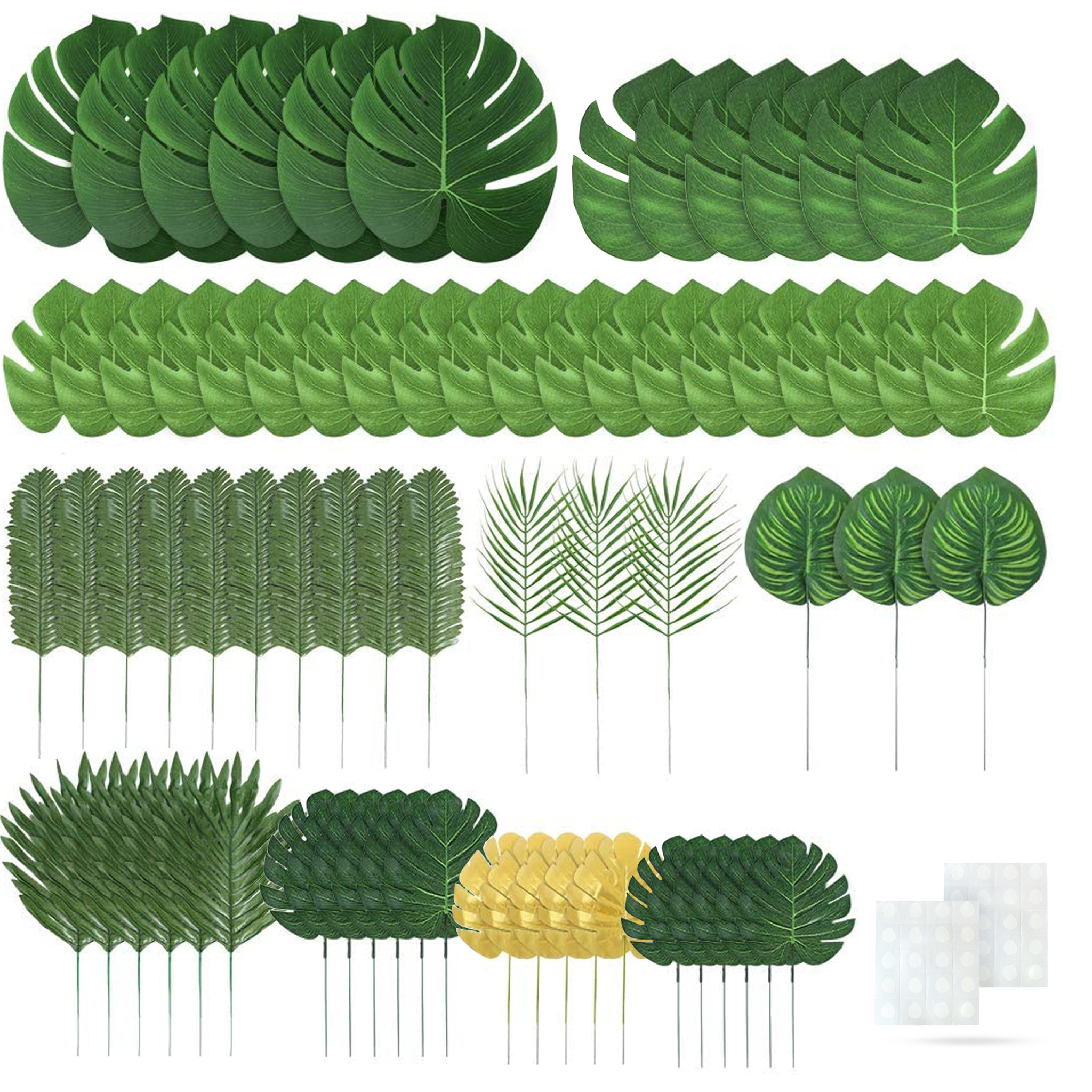 Bel terug Chemie Sitcom Fissaly® 70 Stuks Tropische Bladeren Decoratie met Lint – Kunst Blad –  Verjaardag Jungle Versiering – Palm – Groen & Goud - Fissaly