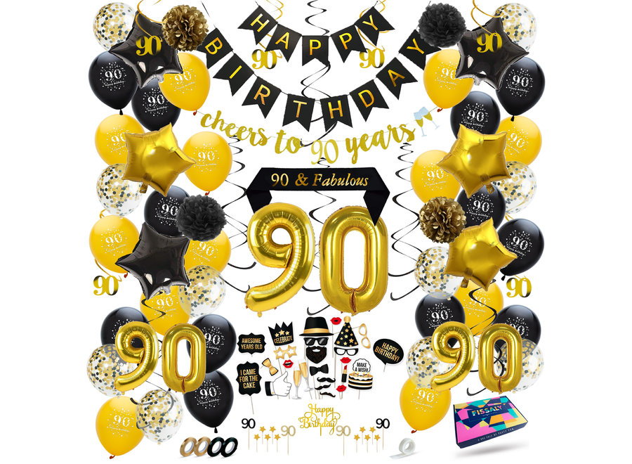 90 Jaar Verjaardag Decoratie Versiering - Ballonnen – Jubileum Man & Vrouw - Zwart en Goud