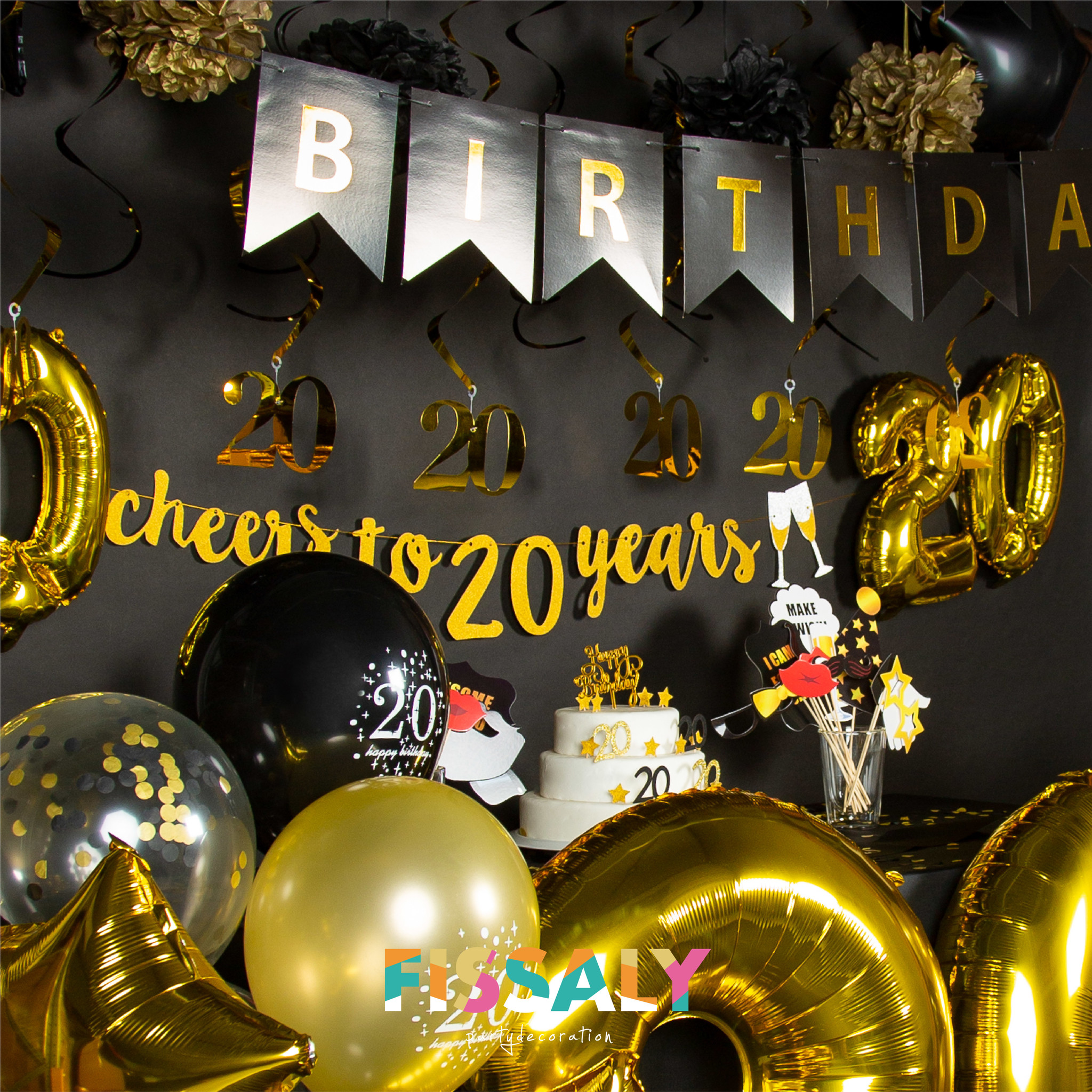 Drama ik ben trots Rechtsaf Fissaly® 20 Jaar Verjaardag Decoratie Versiering - Ballonnen – Jubileum Man  & Vrouw - Zwart en Goud - Fissaly
