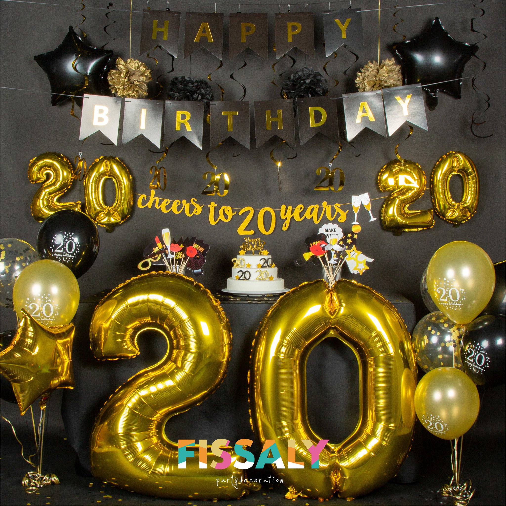 gezagvoerder Tot stand brengen Warmte Fissaly® 20 Jaar Verjaardag Decoratie Versiering - Ballonnen – Jubileum Man  & Vrouw - Zwart en Goud - Fissaly