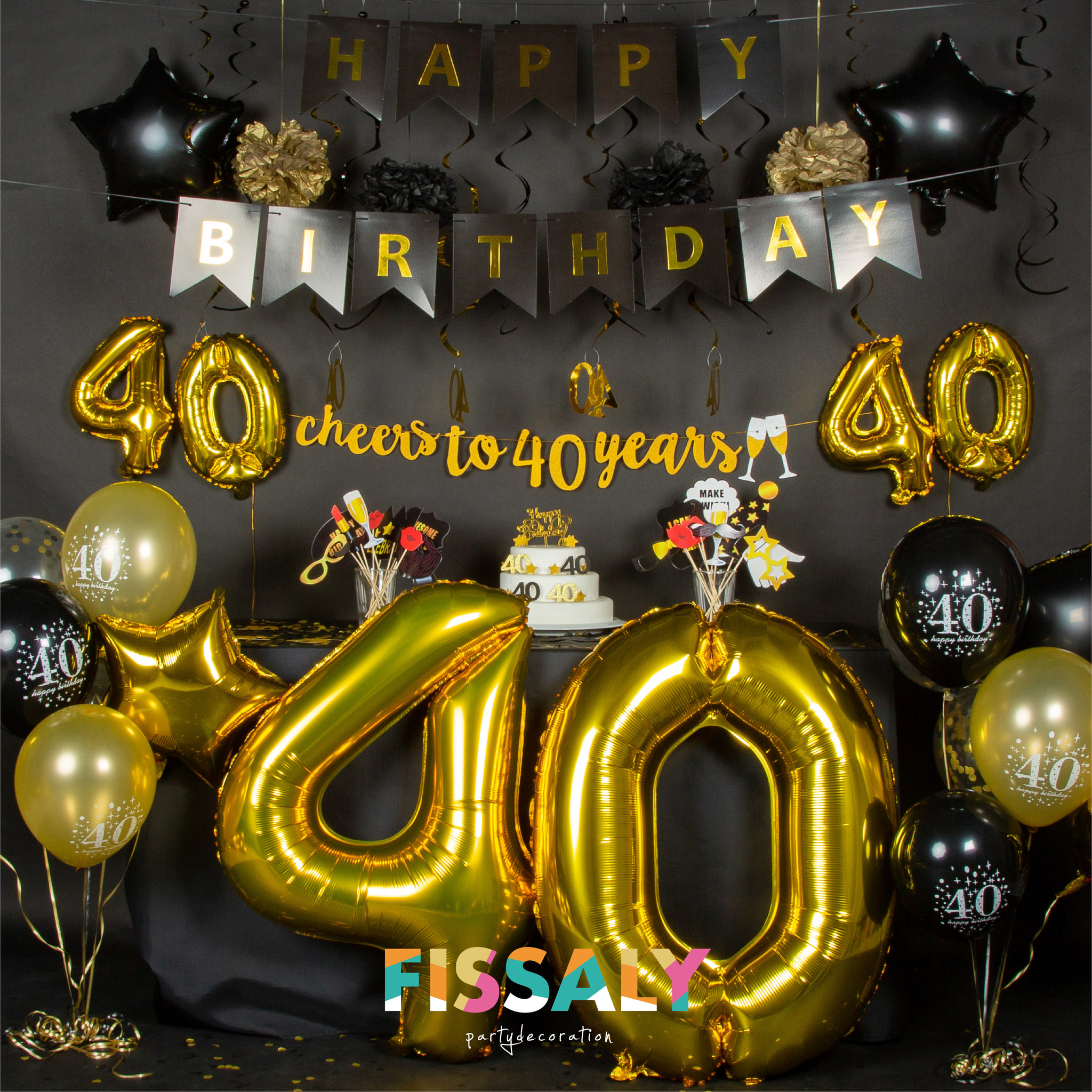 Fissaly® 40 Jaar Verjaardag Decoratie Versiering - - Zwart en Goud Fissaly