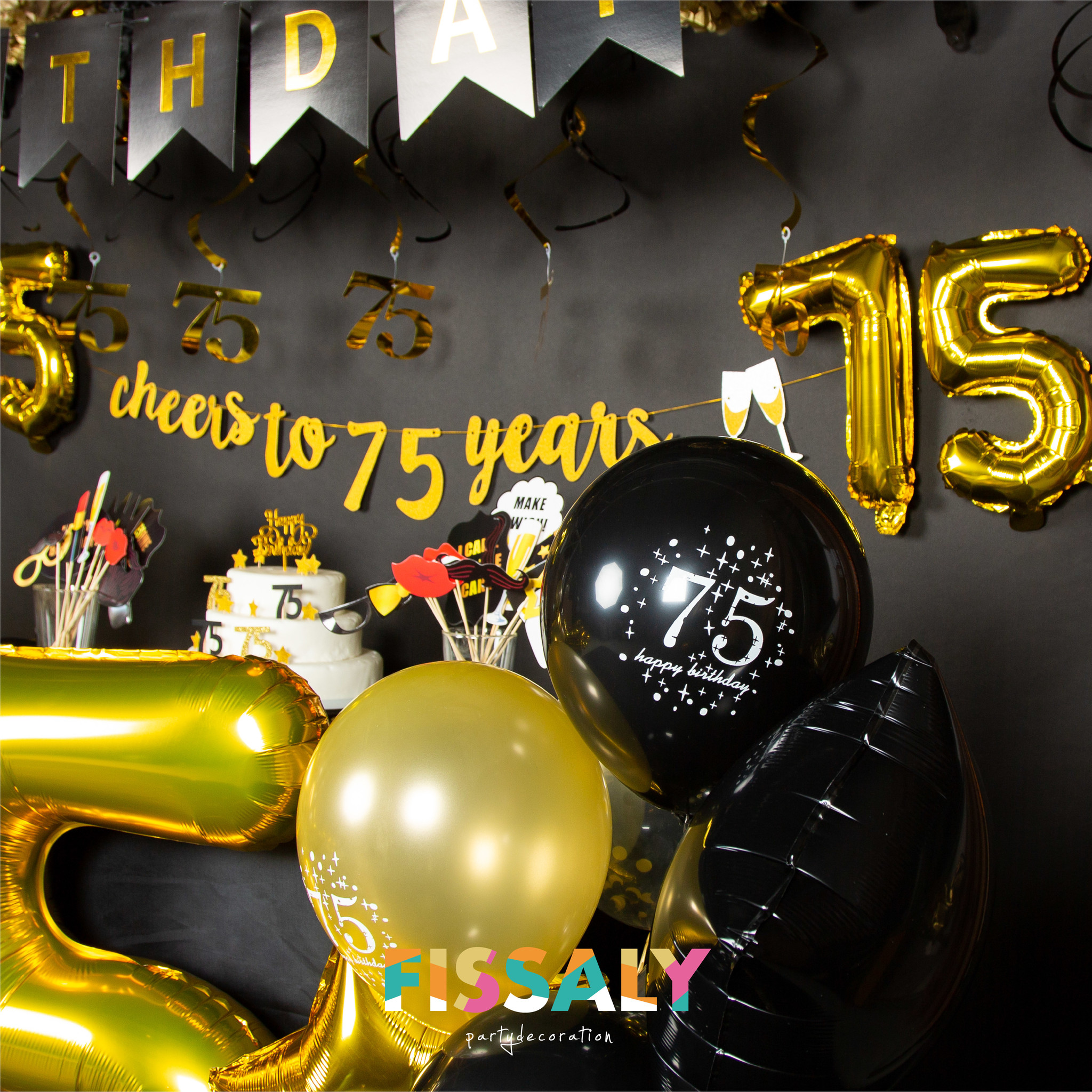 huren Kolonel Pijlpunt Fissaly® 75 Jaar Verjaardag Decoratie Versiering - Ballonnen – Helium,  Latex & Papieren Confetti Ballonnen- Zwart en Goud - Fissaly
