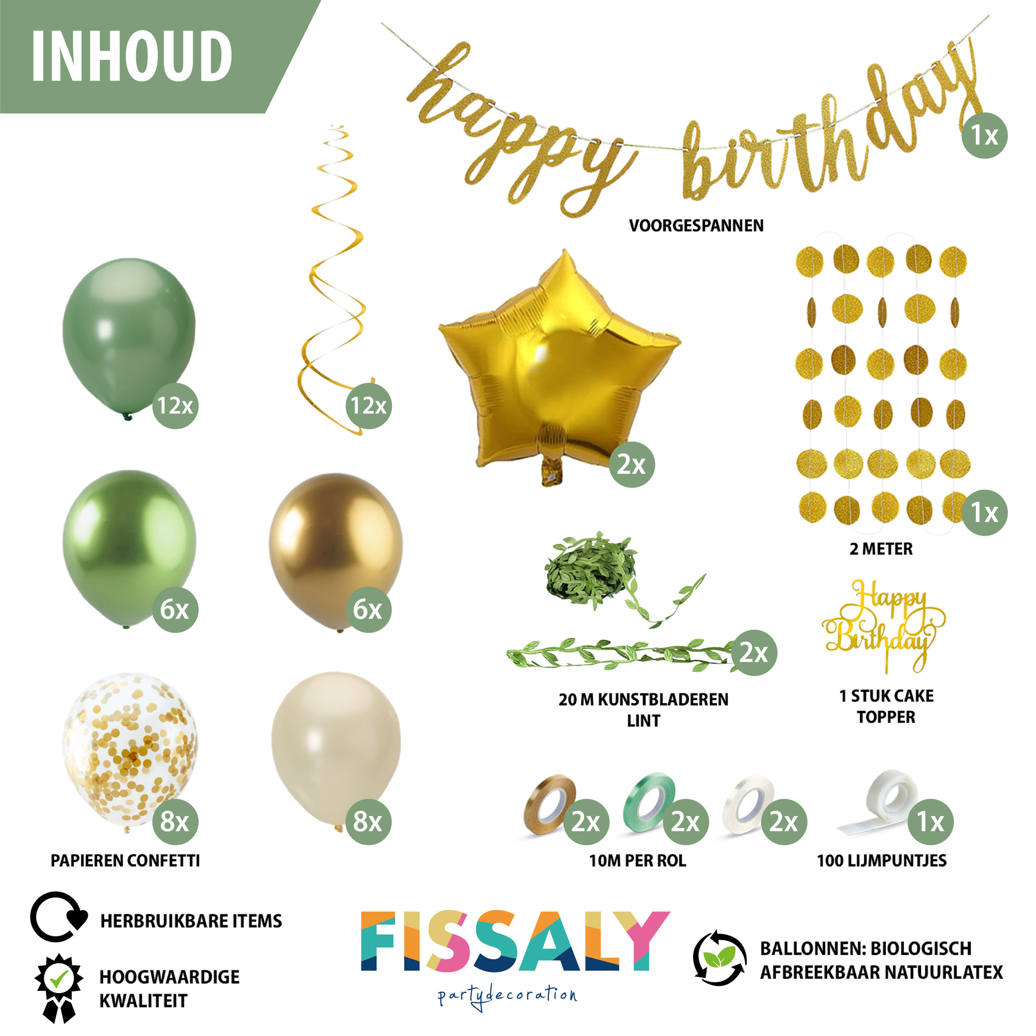 Happy Birthday Verjaardag Feestpakket Groen, Goud & Beige met Papieren Confetti Ballonnen -