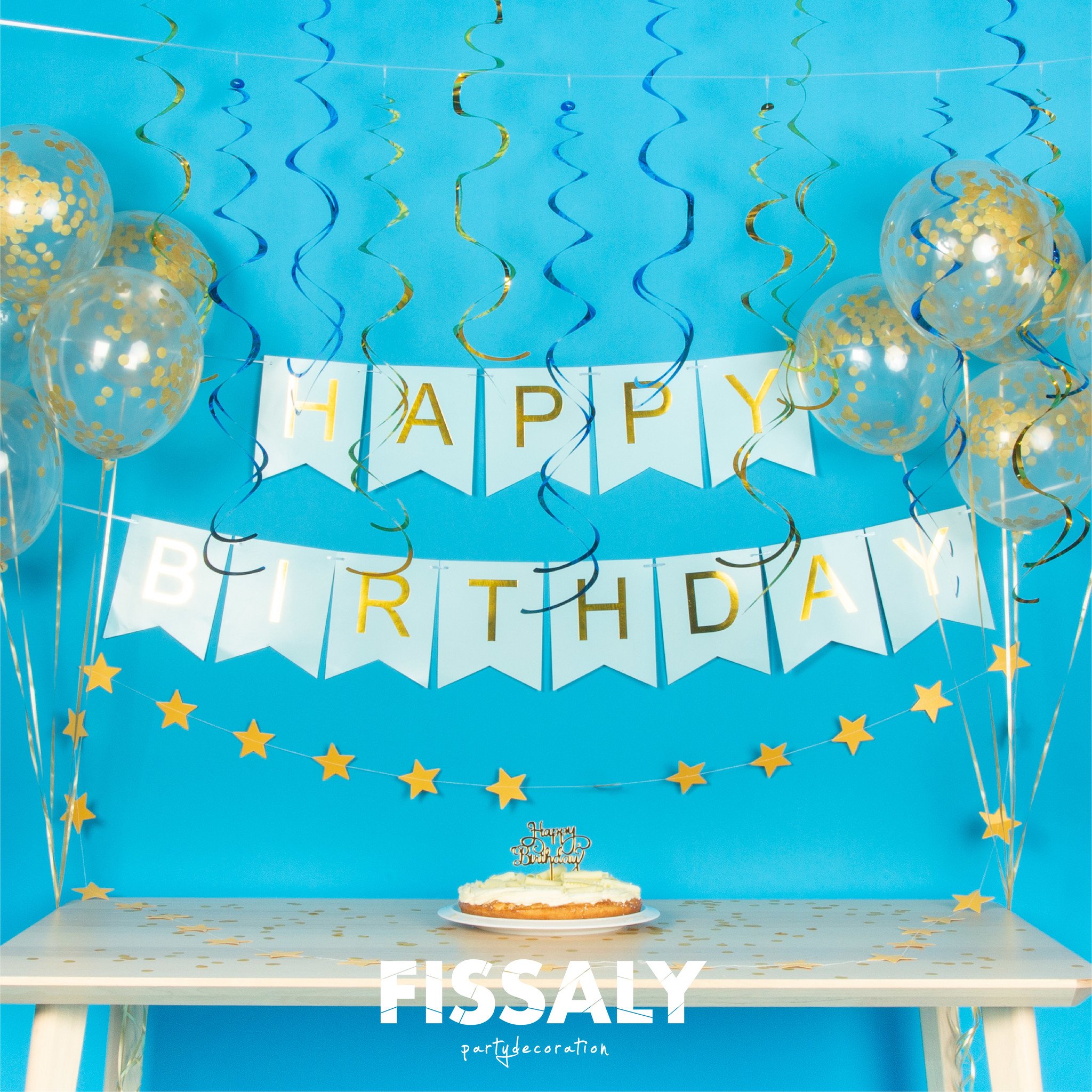 gehandicapt gebied les Fissaly® Verjaardag Slinger Blauw & Goud met Confetti Ballonnen – Decoratie  – Happy Birthday - Fissaly