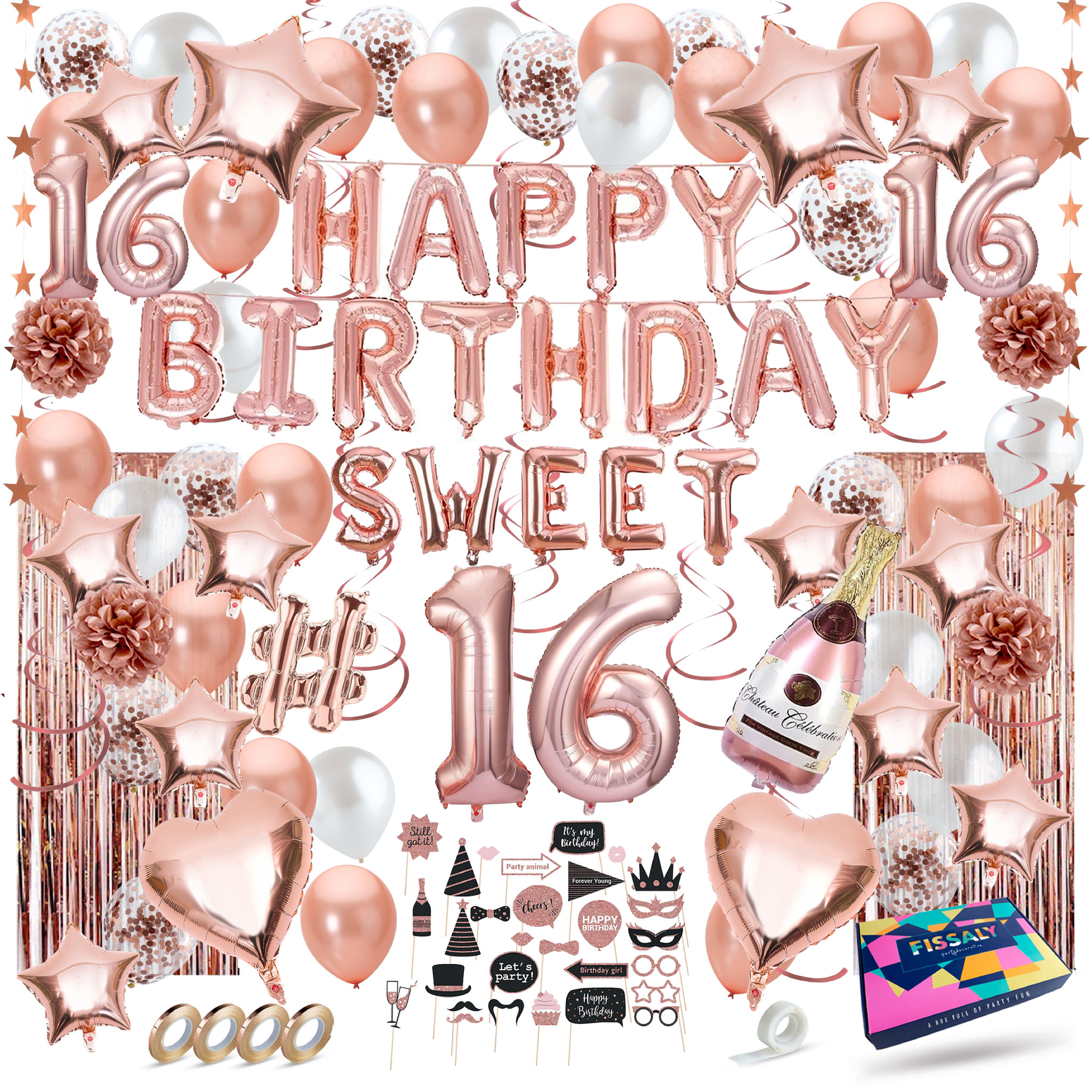 Sta op Wolk verraad Fissaly® Sweet 16 Jaar Rose Goud Verjaardag Decoratie Versiering - Helium,  Latex & Papieren Confetti Ballonnen - Fissaly
