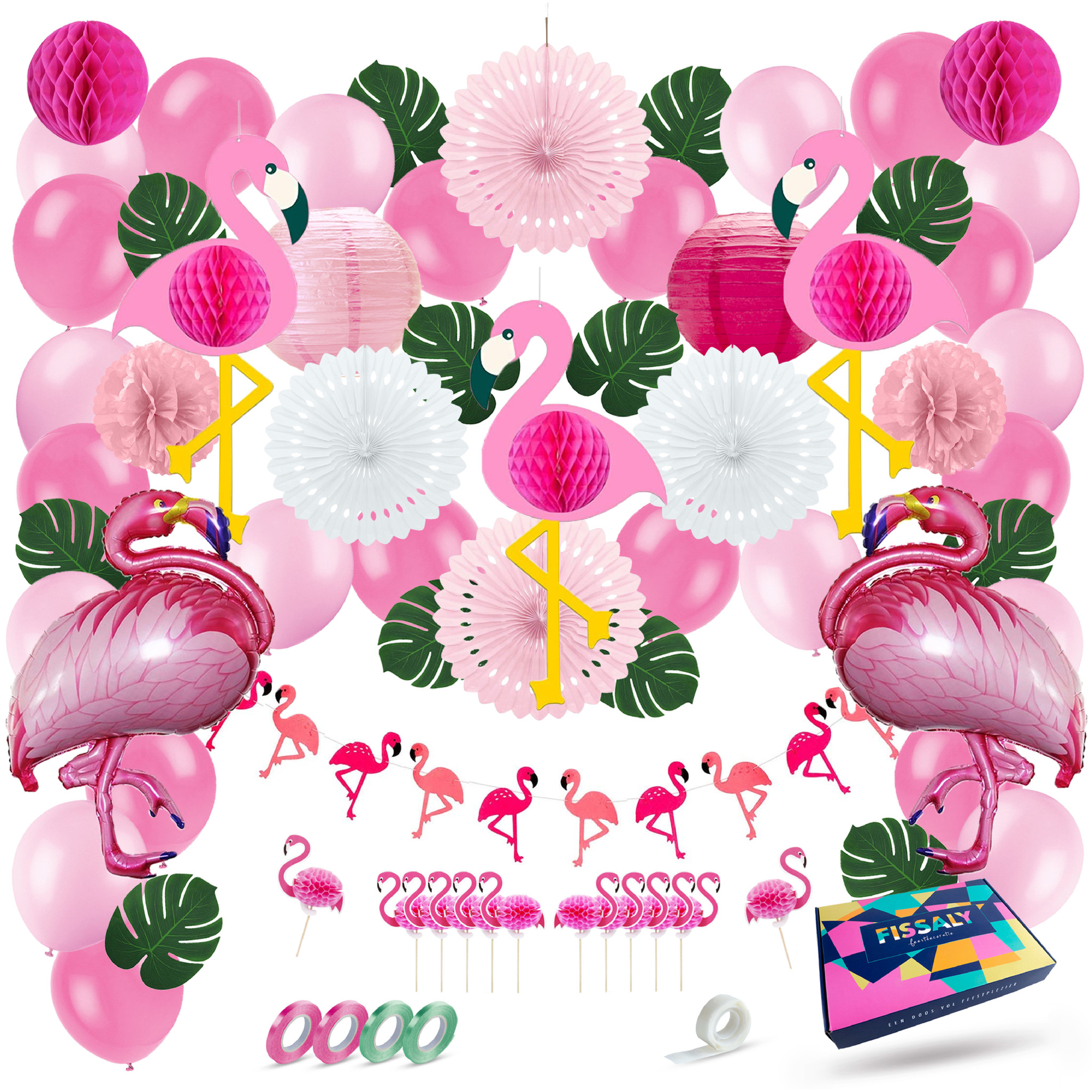 Fissaly® 72 Stuks Tropische Flamingo Decoratie – Roze Ballonnen - Fissaly