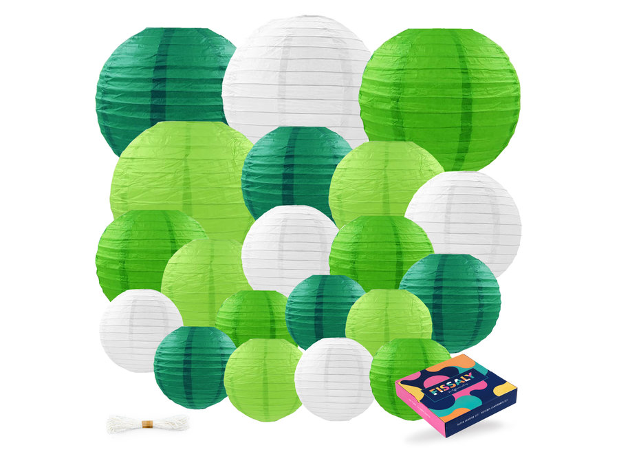 20 Stuks Lampionnen Set Versiering Groen & Wit – Feest Decoratie