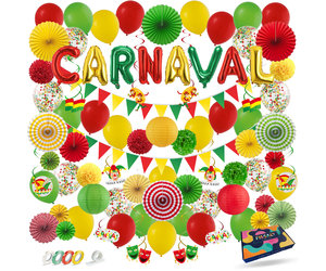 Carnaval Versiering Decoratie Rood, Geel & Groen Feestpakket Ballonnen, Slingers & Accessoires - Fissaly