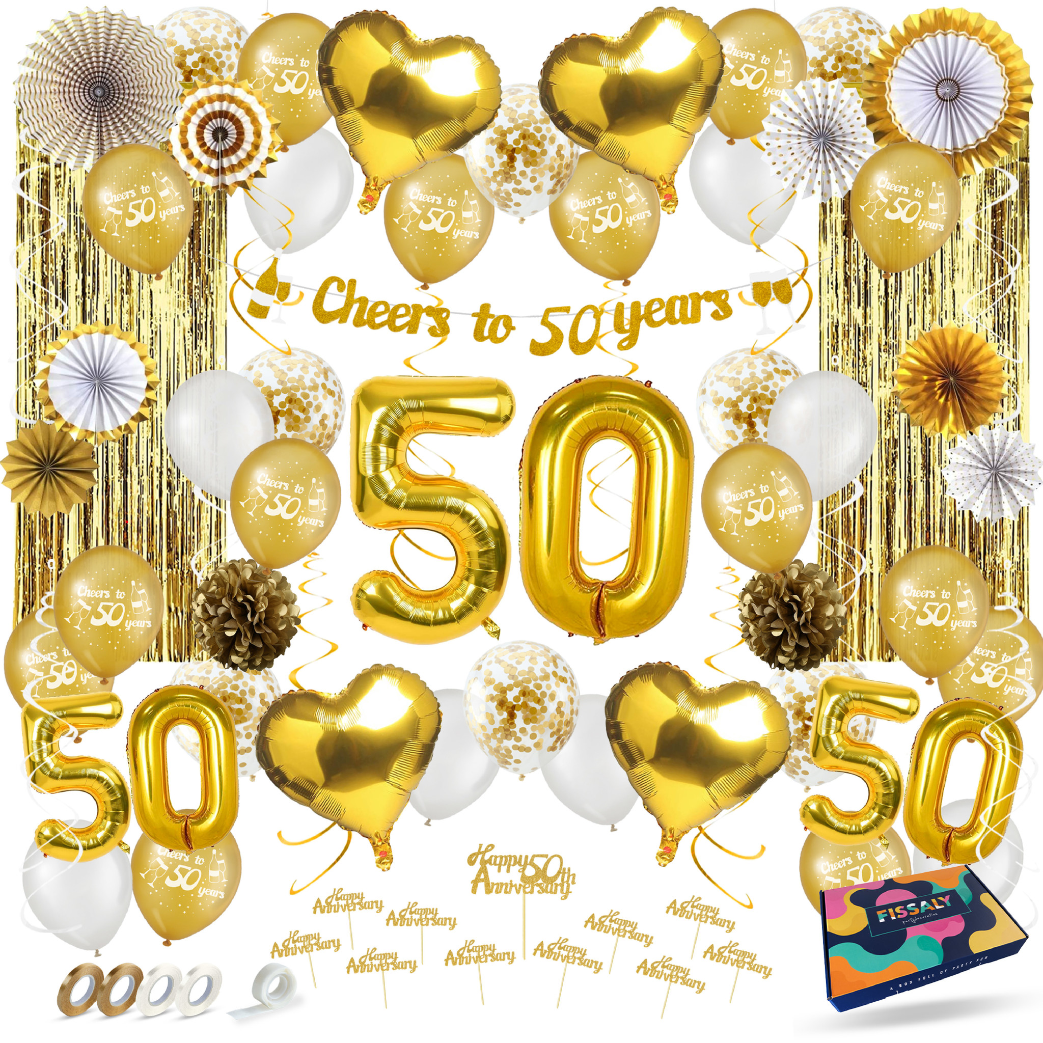 Fissaly® 50 Gouden Jubileum Decoratie Versiering – Bruiloft, Huwelijk & Getrouwd - In Dienst - Ballonnen Verjaardag - Man & Vrouw – Goud - Fissaly