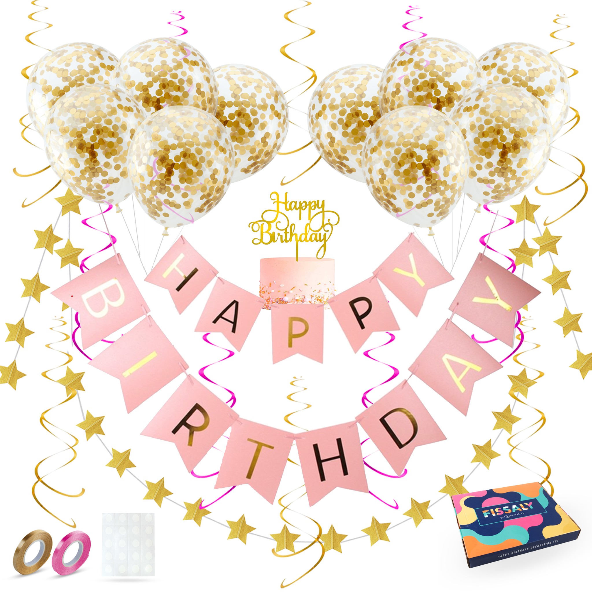 gracht Gelukkig is dat comfortabel Fissaly® Verjaardag Slinger Roze & Goud met Confetti Ballonnen – Decoratie  – Happy Birthday - Fissaly