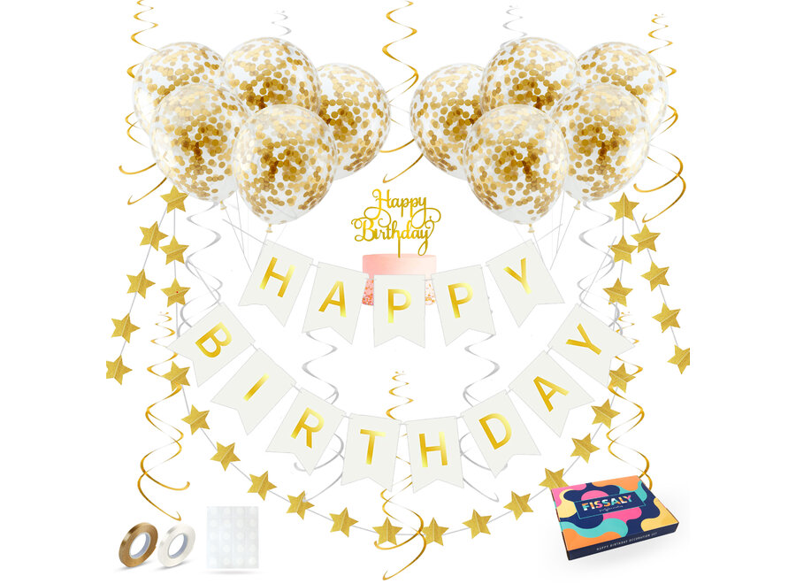 Verjaardag Slinger Wit & Goud met Confetti Ballonnen