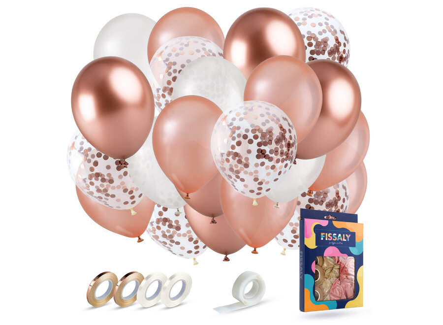 40 stuks Rose Goud, Wit & Chrome Helium Ballonnen met Lint – Verjaardag Versiering Decoratie – Papieren Confetti – Latex