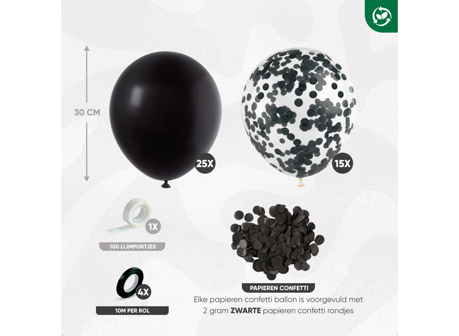 40 stuks Zwarte Helium Ballonnen met Lint – Verjaardag Versiering Decoratie – Papieren Confetti – Latex