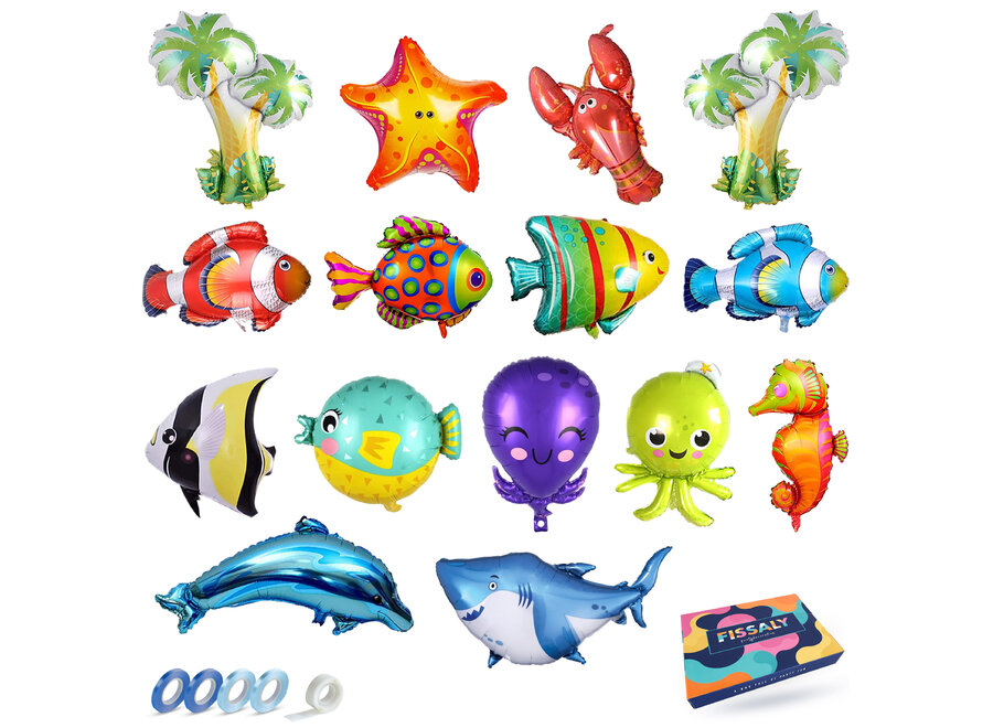 15 Stuks Oceaan Zeedieren Folie Ballonnen – Feest decoratie – Verjaardag Zee Versiering – Incl. Vis, Haai, Dolfijn & meer
