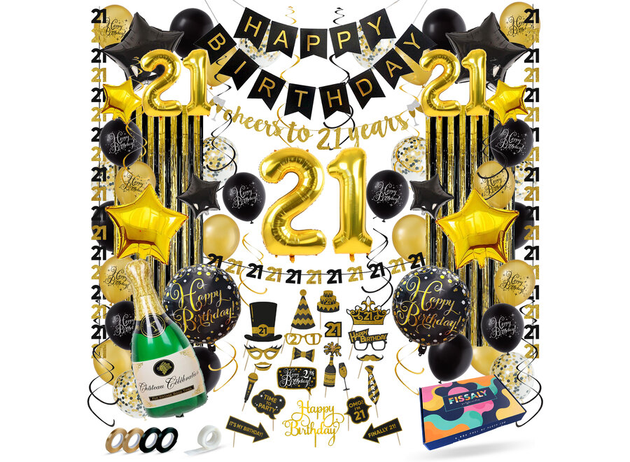 21 Jaar Zwart & Goud Verjaardag Decoratie Versiering - Helium, Latex & Papieren Confetti Ballonnen