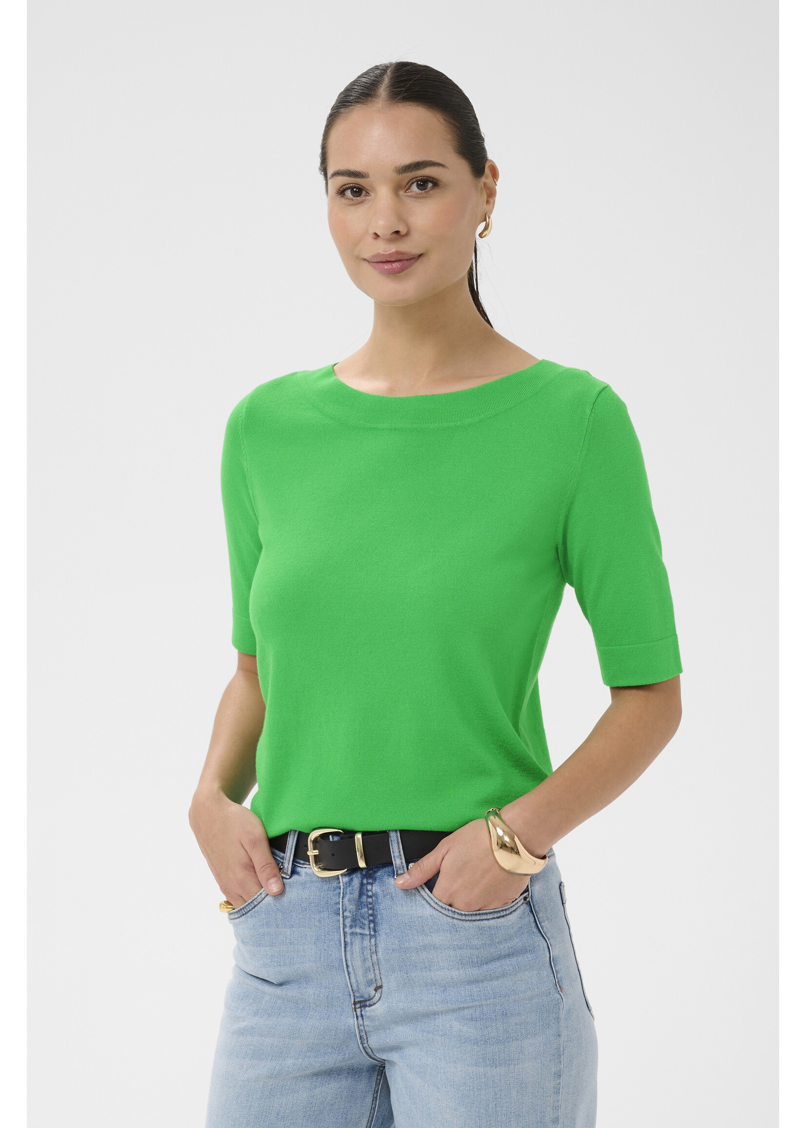 KAFFE KALIZZA BOATNECK SOLID PULLOVER GREEN
