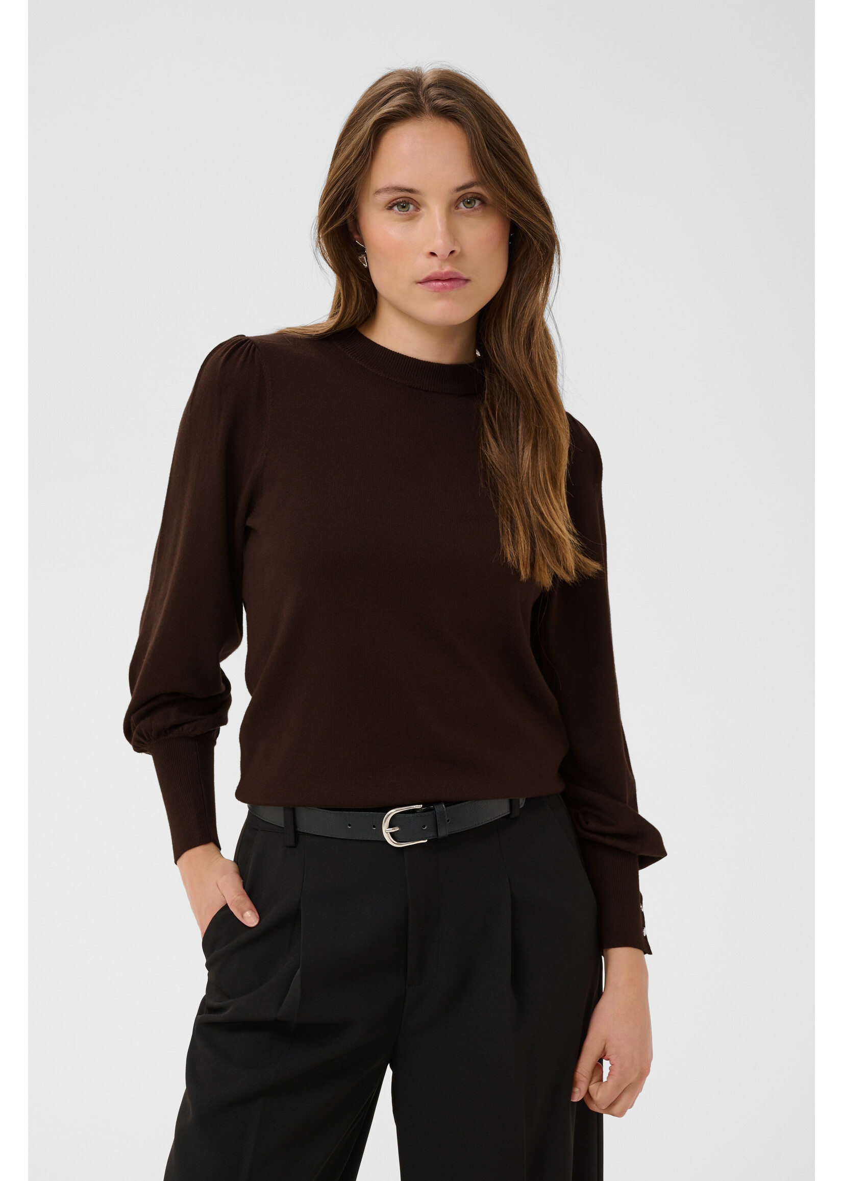 KAFFE KALIZZA ROUND NECK PULLOVER BUTTONS COFFEE BEAN