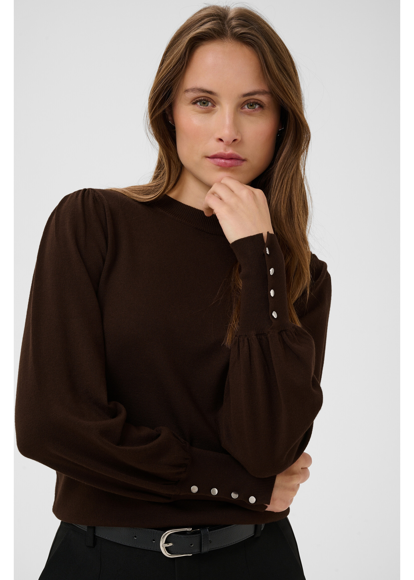 KAFFE KALIZZA ROUND NECK PULLOVER BUTTONS COFFEE BEAN