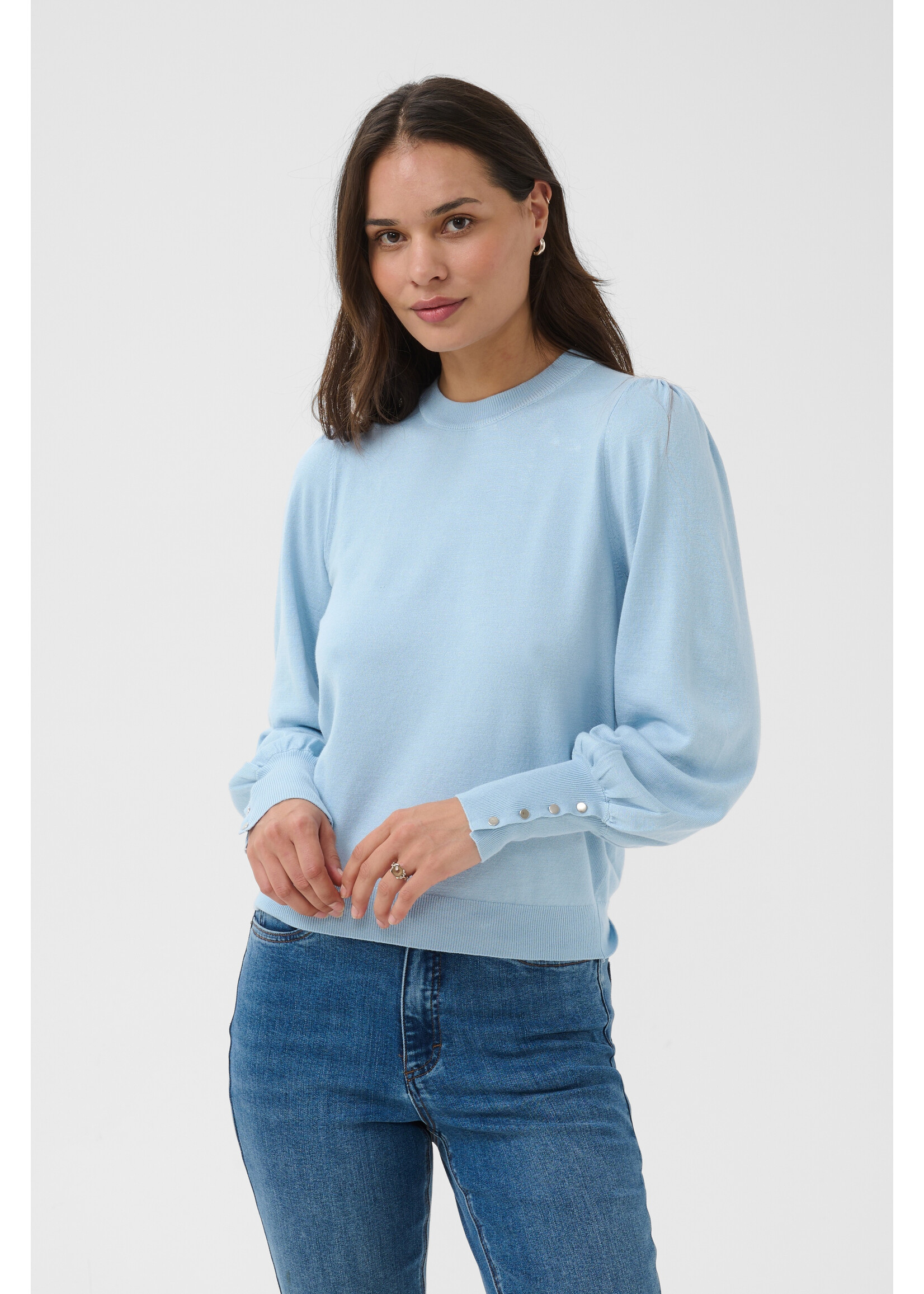 KAFFE KALIZZA ROUND NECK PULLOVER BUTTONS BLUE FOG