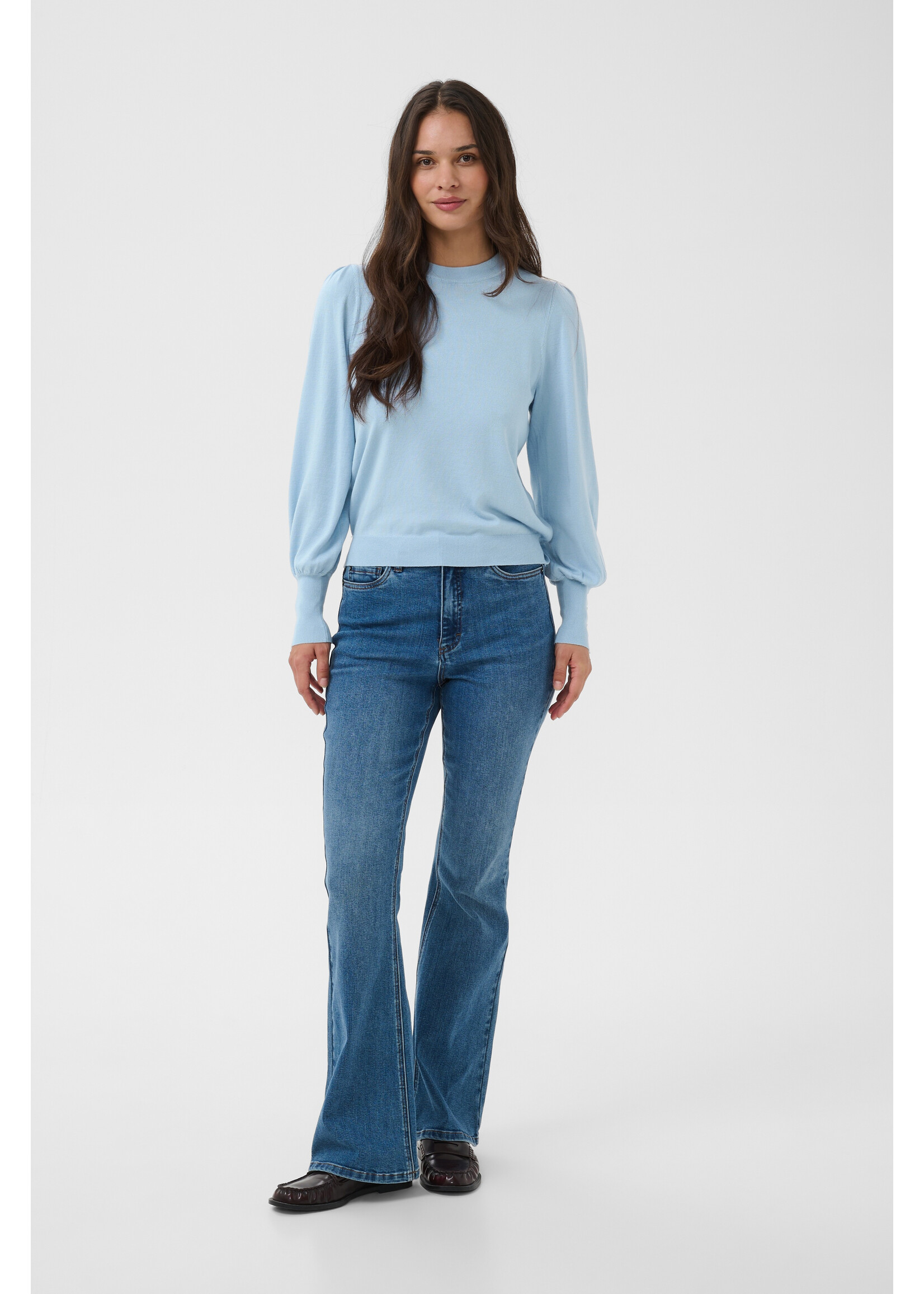 KAFFE KALIZZA ROUND NECK PULLOVER BUTTONS BLUE FOG