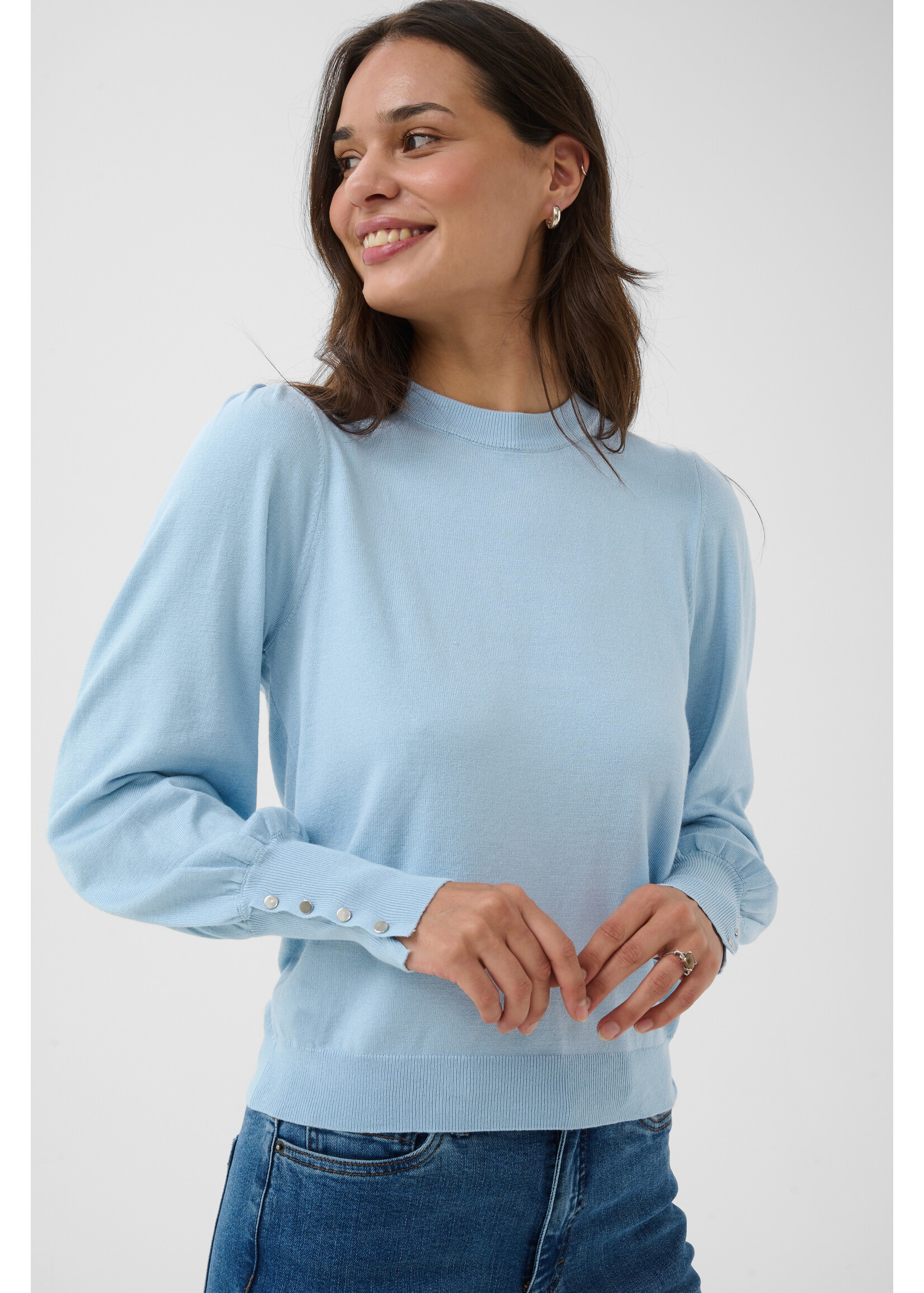 KAFFE KALIZZA ROUND NECK PULLOVER BUTTONS BLUE FOG