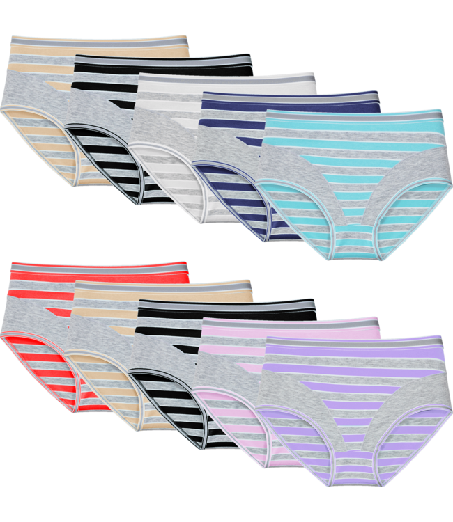 Fine Woman 10-Pack Katoenen Dames Slips - Gestreept, Comfortabel & Elastisch