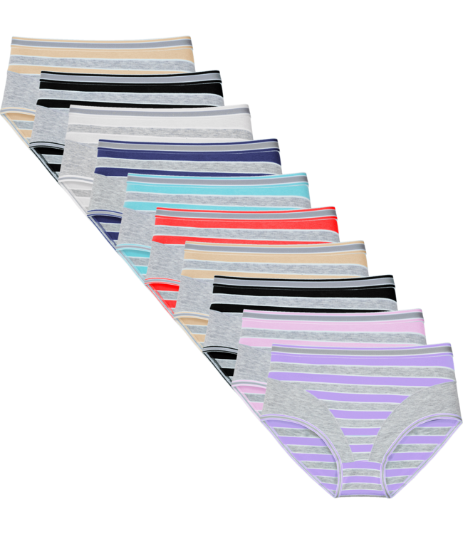 Fine Woman 10-Pack Katoenen Dames Slips - Gestreept, Comfortabel & Elastisch