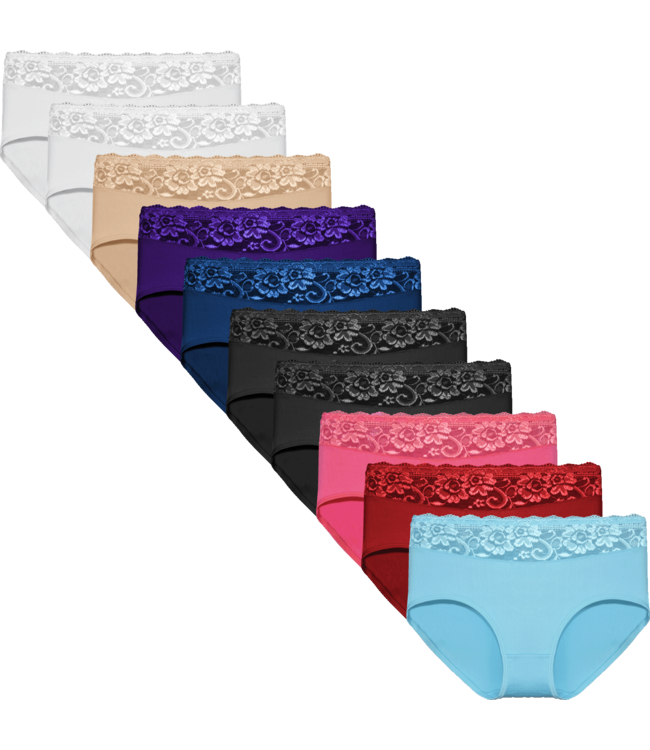Fine Woman 10-Pack Katoenen Dames Slips met Kant – Comfort Mix Kleuren