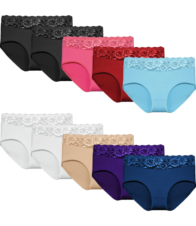 Fine Woman 10-Pack Katoenen Dames Slips met Kant – Comfort Mix Kleuren